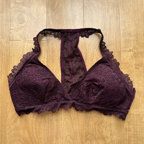 aerie Lace Triangular Halter Bralette - Burgundy, Size Large - Picture 1 of 14